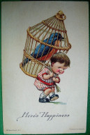 Cpa ILLUSTRATEUR PETIT GARCON TRANSPORTANT UNE GRANDE CAGE A OISEAU Ch Twelvetrees, BOY CARRYING BIG BIRD  OLD PC - Scènes & Paysages