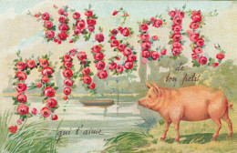 Cochon Pig * CPA Illustrateur Gaufrée Embossed * Un Baiser ! * Fleurs Flowers Cochons - Pigs