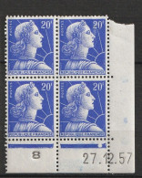 N° 1011B Marianne De Muller Coins Datés 27.12.57 Timbres Neuf Impeccable - 1950-1959