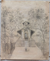 Ancien Dessin Au Fusain Et Craie Du XIXè Signé. Chapelle Château Fort. Religion - Zeichnungen