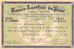 BRAZIL SCARCE SHARE OF BANCO AUXILIAR DO POVO 20.000 RÉIS 1930'S. CAMPINA GRANDE, PARAHYBA DO NORTE. SCARCE!! - Banca & Assicurazione