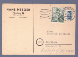 Bizone Postkarte Geschäftlich - Mi 108 EF - München 8.8.49 --> Ibersheim (HTTNGR-022) - Briefe U. Dokumente