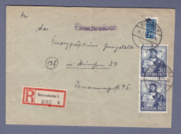 Bizone Einschreiben Brief - Senkr. Paar - MeF Mi 105 - Rosenheim 1 - 15.2.50 --> München   (HTTNGR-029) - Cartas & Documentos