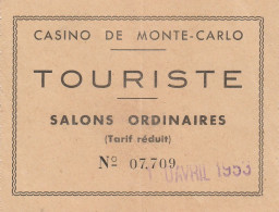 CARTE DE CASINO  DE MONTE CARLO - TOURISTE -1953 - Non Classés