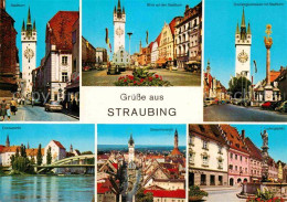72654325 Straubing Donau Stadtturm Dreifaltigkeitssaeule Donaupartie Panorama Lu - Straubing