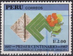 1987 Peru ° Mi:PE 1358, Sn:PE 919, Yt:PE 862, Building Detail, Emblem And Flower, Chamber Of Commerce - Pérou