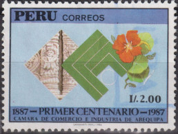 1987 Peru ° Mi:PE 1358, Sn:PE 919, Yt:PE 862, Building Detail, Emblem And Flower, Chamber Of Commerce - Pérou