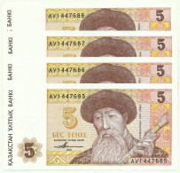 KAZAKHSTAN - 4 X 5 Tengé Consecutive - 1993 - Pick 9 - Unc. - Serie АУ - Kurmangazy - Kazakistan