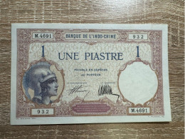 French Indochina ，1 Piastre ，pick 48b，1921-1931，with 2 Pinholes Otherwise Gem UNC - Indochina