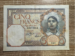 Algeria ，5 Francs，1941，pick 77b，gVF-EF  Condition - Argelia