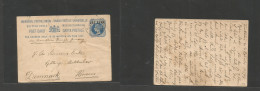 INDIA. 1896 (23 Sept) Trankoilur - Denmark, Horsens. 1c Ovptd Blue QV Stat Card, Cds. Endorsed "Via Brindisi Through Ger - Otros & Sin Clasificación