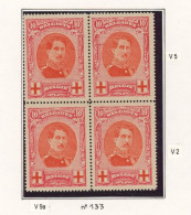 Croix-rouge - N°133 En Bloc De 4** (MNH) + Variétés (V2 Balafre + V5 Griffe De Couleur Dans La Volute) - 1914-1915 Croce Rossa