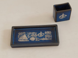 RARE ! Mid 20th Century Gustavsberg Sweden Blue Pen Tray & Holder Silver Overlay For The "Port Of Gothenburg" - Gustavsberg (SWE)