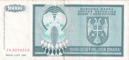 BOSNIA AND HERZEGOVINA, Replacement Banknote, ZA 0074213. P-139d,VF, 10.000 DINARA,  BANJA LUKA 1992. - Bosnia And Herzegovina