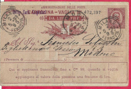 INTERO CARTOLINA-VAGLIA UMBERTO C.10 DA LIRE 3 (CAT. INT. 4B) -VIAGGIATA DA USMATE(VELATE MONZESE)*2.5.93* A MODENA - Entiers Postaux