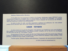 Code Postal. Carte D'information Des PTT Pour Le  34820  TEYRAN - Lettere