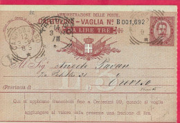 INTERO CARTOLINA-VAGLIA UMBERTO C.10 DA LIRE 3 (CAT. INT. 4C) -VIAGGIATA DA CAMPOBASSO*12.3.94* PER TREVISO - Stamped Stationery