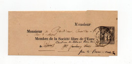 !!! BANDE DE JOURNAL 1C SAGE AVEC REPIQUAGE SOCIETE LIBRE DE L'EURE, CACHET DE BERNAY DE 1898 - Bandes Pour Journaux