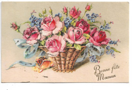 L150C0502 - Bonne Fête Maman - Jolie Composition Dans Un Panier Roses, Myosotis Et Ruban Bleu -SP Paillettes - Fête Des Mères