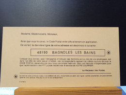 Code Postal. Carte Beige D'information Des PTT Pour Le  48190  BAGNOLES Les BAINS - Covers & Documents