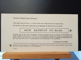 Code Postal. Carte Blanche D'information Des PTT Pour Le  48190  BAGNOLES Les BAINS - Lettres & Documents