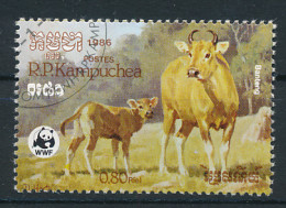 Timbre : KAMPUCHEA, CAMBODGE, 1986, Banteng, Boeuf Sauvage, WWF, Protection Nature, Oblitéré - Kampuchea