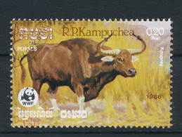 Timbre : KAMPUCHEA, CAMBODGE, 1986, Kouprey, Boeuf Sauvage, WWF, Protection Nature, Oblitéré - Kampuchea