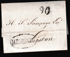 1811 CADIZ (ESPAÑA) A LISBOA. Marca De Origen En Rojo Ilegible Y “HESPANHA” Recercada En Negro Y Porteo “90” Reis. - ...-1853 Prephilately