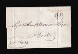 1816 CADIZ (ESPAÑA) A LISBOA. Marca De Origen En Rojo Poco Legible Y “HESPANHA” Recercada En Negro Y Porteo “90” Reis. - ...-1853 Prephilately