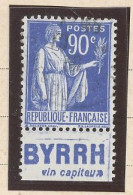 BANDE PUB -N°370 -TYPE PAIX -90 C BLEU   - Obl - PUB BYRRH / VIN CAPITEUX (MAURY 250 ) - Used Stamps