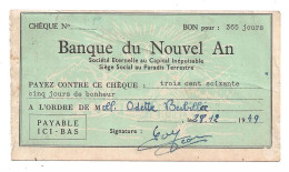 BANQUE DU NOUVEL AN   PAYEZ CONTRE CE CHEQUE      ........... Humour 1949  ( Po 44) - Cheques & Traveler's Cheques
