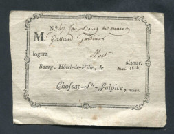Billet De Logement Militaire 1ère Restauration Louis XVIII "Bourg-en-Bresse - Chossat De St Sulpice, Maire - Mai 1814" - Documents