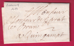 LETTRE DE BRENNILIS FINISTERE 1689 POUR QUINGAMP COTES DU NORD TAXE 2LETTRE - ....-1700: Précurseurs