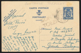 Belgique - EP 50c Bleu "Petit Sceau De L'Etat" Càd PETIT-ROSIERE/1945 + Griffe "CONTRÔLE/TOEZICHT" Pour Militaire Belge  - Cartes Postales 1934-1951