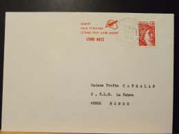Code Postal. Lettre Depuis Metz Avec Sabine De Gandon 2102, Repiquage Au Recto Et Vignettes Au Verso - Lettres & Documents