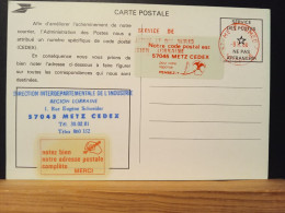 Code Postal. Carte Postale Oblitérée Avec Un EMA En Franchise, Vignette 57045 METZ CEDEX - Lettere