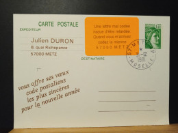 Code Postal. Entier Postal Oblitéré, Sabine De Gandon (SAB E) Avec Vignette 57000  METZ - Lettere