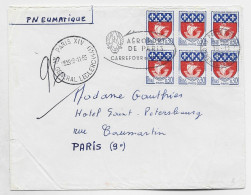 FRANCE BLASON 30C PARIS BLOC DE 6 PNEUMATIQUE MECANIQUE PARIS XIV AV GENERAL LECLERC 9.11.1965  AU TARIF - 1941-66 Coat Of Arms And Heraldry