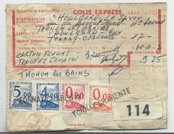 FRANCE COLIS SNCF 5.00+4.00+0.20+0.05 SUR RECU GRIFFE TONNAY CHARENTE  1967 POUR THONON HAUTE SAVOIE - Briefe U. Dokumente