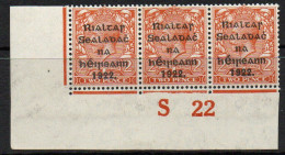 Ireland 1922 Thom Rialtas Overprint On 2d Orange Die II S22 Control Strip Of 3, MNH, SG 34 - Ongebruikt