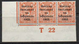 Ireland 1922 Thom Rialtas Overprint On 2d Orange Die II T22 Control Strip Of 3, Middle Stamp Light MH, SG 34 - Ongebruikt