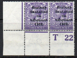 Ireland 1922 Thom Rialtas Overprint On 3d Violet, T22 Control Pair, Left Stamp MNH, Right Hinged, SG 36 - Ungebraucht