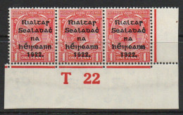 Ireland 1922 Thom Rialtas Blue-black Overprint On 1d Scarlet, T22 Control Strip Of 3, Hinged Middle Stamp Only, SG 48 - Ongebruikt