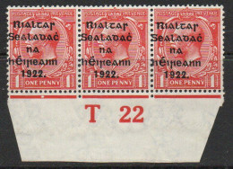 Ireland 1922 Thom Rialtas Blue-black Overprint On 1d Scarlet, T22 Control Strip Of 3, MNH, SG 48 - Neufs