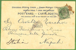 P0974 - INDIA - POSTAL HISTORY - POSTCARD From MUMBAI To ITALY - TAXED!  PRINCE'S DOCK DUE Postmark - 1902-11 Roi Edouard VII