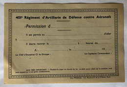 Document Années 1910 - 401e Régiment D'Artillerie De Défense Contre Aéronefs 401e RA Demande De Permission - Documents