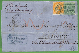 P0995 - INDIA - POSTAL HISTORY - QV 2 Colour Franking To Italy 1866  Via EGYPT - 1882-1901 Empire