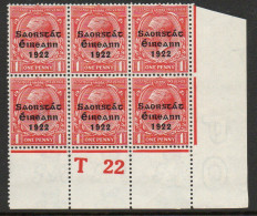 Ireland 1922-3 Saorstat Overprint On 1d Scarlet, T22 Control Block Of 6, Hinge Marks, SG 53 - Unused Stamps