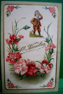 Cpa Gaufrée FLEURS OEILLETS FETE  ST NICOLAS Découpi  ENFANT Main Sur BONNET ,1907 RED & PINK CARNATION Embossed Old Pc - Saint-Nicolas