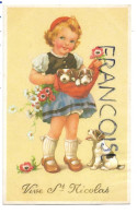 Petite Fille Tient Deux Chiots Dans Son Tablier, Fleurs Des Champs:" Vive St-Nicolas " - Scènes & Paysages